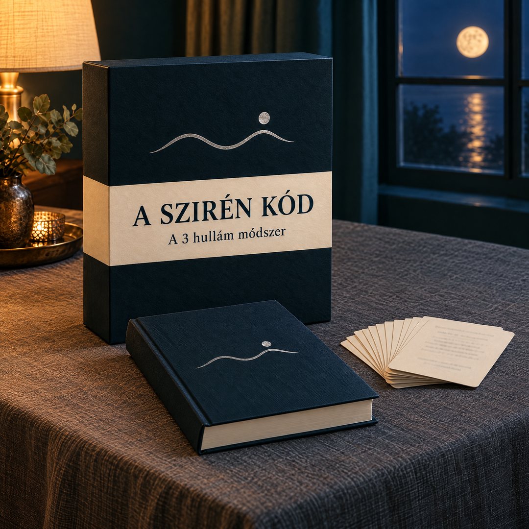 A Szirén Kód könyv és az üzenet-kártyák egy éjszakai asztalon